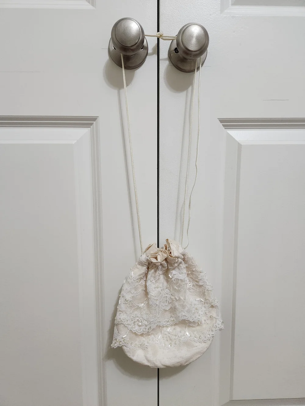 Elegant Bridal  Cream Lace Shantung Silk Beaded Drawstring Money Bag